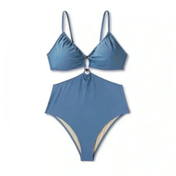 Shade & Shore Cut Out Bead Detail One Piece Swimsuit - Blue Sz S NWT - Picture 2 of 7